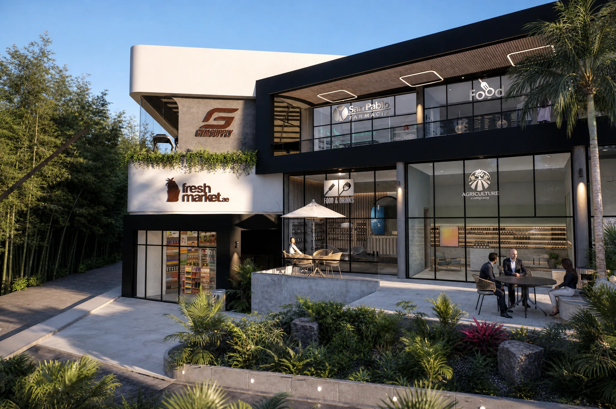 Fachada de los locales ancla de la nave sur de Indigo Mall al atardecer